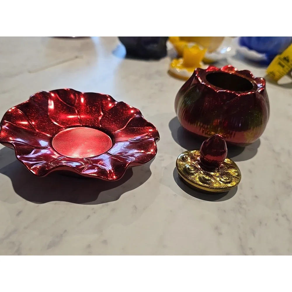Resin Handmade Jar With Lid And Plate Holder Red Gold  Decoration Gift ‎ 625